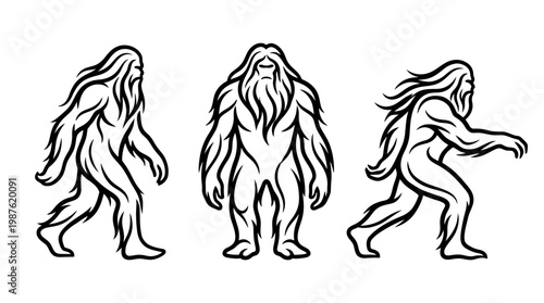 Bigfoot Set in Different Poses Black and White