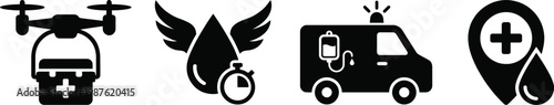Fast delivery icon set drone ambulance logistics symbols for rapid shipping services