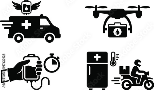 Fast delivery icon set drone ambulance motorcycle refrigerated transport symbols