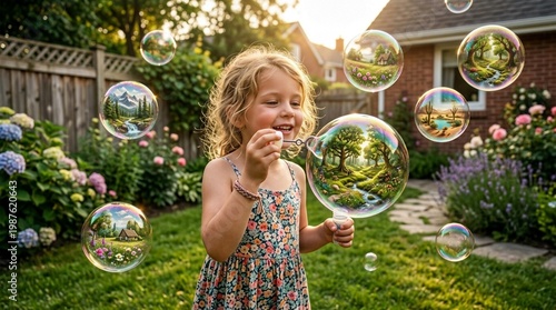 Young girl with curly hair blowing bubbles in a garden, colorful flowers and greenery surrounding her, bubbles containing miniature landscapes visible