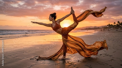 Female dancer performing an elegant pose on a beach at sunset, flowing fabric billowing around her, ocean waves and palm trees visible in the background