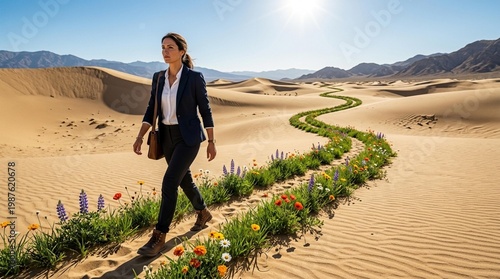 Woman in business attire walking through desert landscape with a winding path of flowers and greenery, mountains visible in the background under bright sunlight