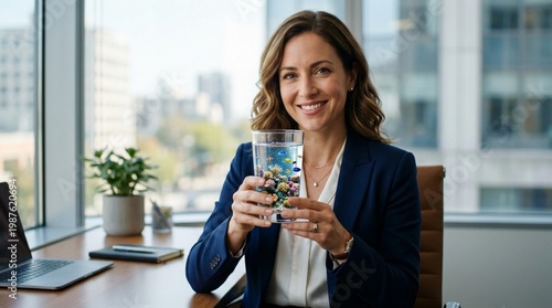 Professional woman in a blue blazer holding a clear glass filled with colorful beads, seated at a wooden desk with a laptop and plant in a modern office setting
