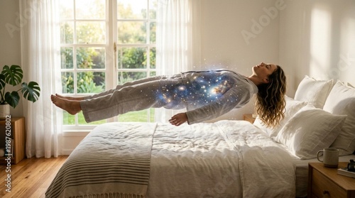 Woman in pajamas levitating above a bed, surrounded by a glowing cosmic aura, with large windows and greenery visible in a bright, modern bedroom