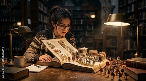 Young female student with glasses examines a large pop-up book depicting ancient architecture and miniature figures in a cozy library setting with wooden shelves