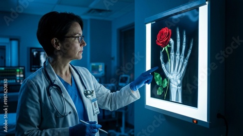 Female doctor in white coat examines X-ray of hand with a rose, illuminated in a medical room with equipment and monitors in the background