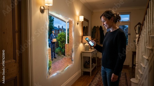 Woman using smartphone to view delivery person outside her home through a digital display on the wall in a well-lit hallway with wooden accents