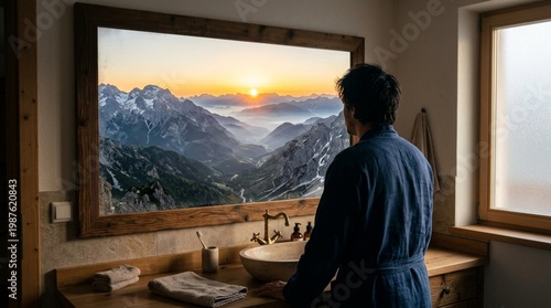 Man in blue bathrobe gazes at mountain landscape reflected in bathroom mirror during sunrise, wooden sink and towels visible on countertop