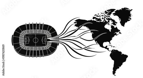 Black stadium with lines to world map.