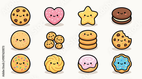 A delightful collection of cute, kawaii-style cookies in various shapes and flavors, perfect for baking and dessert themes.