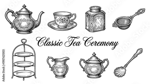 Vintage Engraving Classic Tea Ceremony Set with Teapot Cup Saucer Sugar Bowl Milk Jug and Strainer Vector Illustration