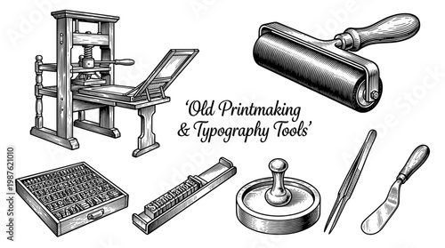 Vintage Printmaking and Typography Tools Illustration Set featuring a Printing Press, Ink Roller, and Letterpress Equipment in an Engraved Woodcut Style