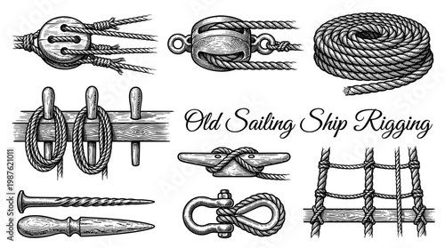 Old Sailing Ship Rigging Vector Illustration Set - Vintage Nautical Equipment, Ropes, Knots, and Pulley Blocks Hand-Drawn Engraving Style