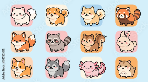 A delightful collection of twelve adorable, kawaii-style cartoon animals, each presented in its own soft-colored square background.