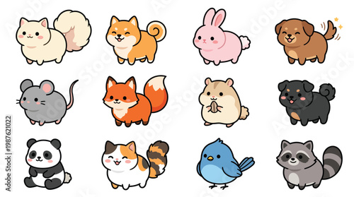 A charming collection of twelve adorable, kawaii-style cartoon animals, each with a unique personality and endearing features, presented in a grid format.