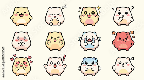 A collection of 12 adorable cartoon hamsters displaying a wide range of cute emotions and expressions, perfect for stickers or digital art.