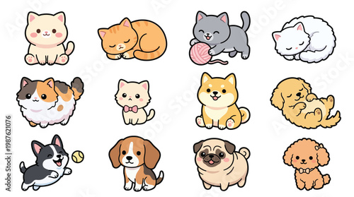 Photography A charming collection of adorable cartoon illustrations featuring various breeds of cats and dogs in playful and resting poses