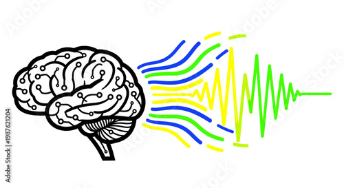 Brain with colorful neural pulse lines.