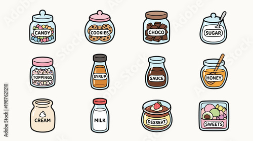 A collection of cute cartoon jars and containers filled with various sweet treats and ingredients, perfect for culinary or baking themes.