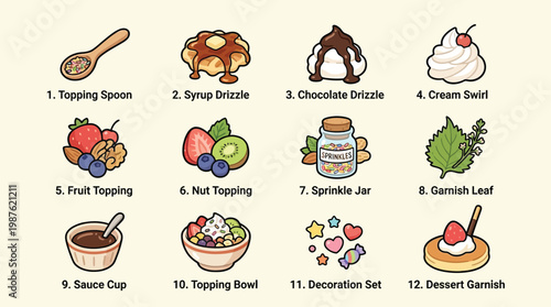 A collection of 12 illustrated dessert toppings and garnishes, including spoons, drizzles, fruits, nuts, sprinkles, and cream swirls.