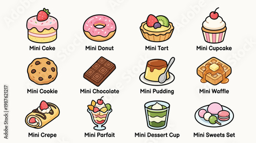 A charming collection of twelve miniature desserts, each with its own label, presented in a grid layout against a light background.