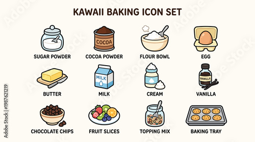 Kawaii Baking Icon Set Featuring Essential Ingredients and Tools for Sweet Creations.