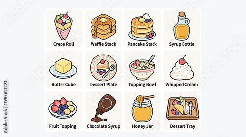 A collection of twelve charming, flat-design illustrations of various sweet breakfast and dessert items, including crepes, waffles, pancakes, syrup, butter, fruit, and more.
