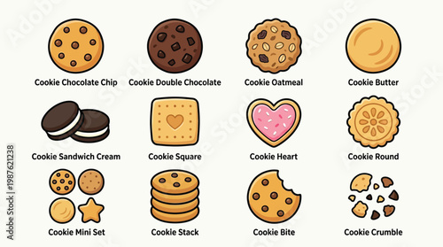 A delightful collection of twelve different types of cookies, showcasing various shapes, flavors, and textures, presented in a clean, illustrative style.