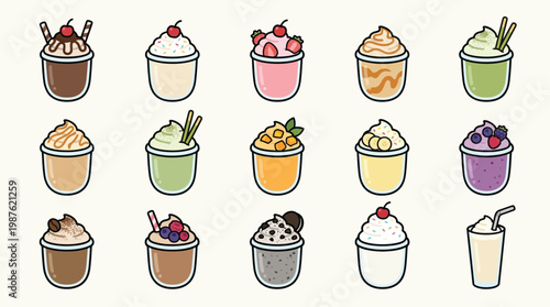 A vibrant collection of 15 distinct, stylized illustrations of various sweet beverages, each topped with unique garnishes and presented in clear cups.