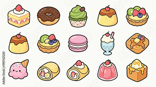 A delightful collection of kawaii-style desserts and sweets, featuring a variety of colorful and charming treats.