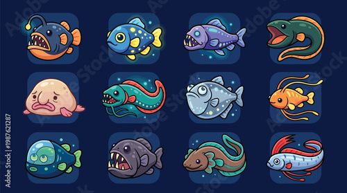 A collection of twelve unique, stylized cartoon illustrations of various deep-sea and unusual fish species, presented in a grid format against a dark blue background.