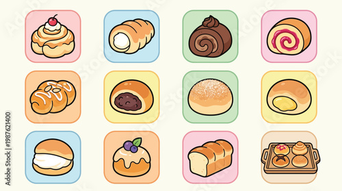 A delightful collection of twelve distinct cartoon-style baked goods, each presented in its own square icon with a soft pastel border.