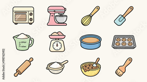 A collection of baking tools and ingredients, including an oven, stand mixer, whisk, spatula, measuring cup, kitchen scale, cake pan, baking sheet, rolling pin, sifter, mixing bowl, and pastry brush.
