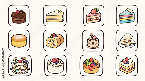 A delightful collection of twelve different types of cakes and pastries, each presented in a square icon format.