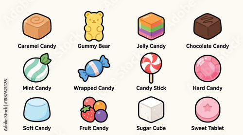 A collection of twelve different types of candies, including caramel, gummy bear, jelly, chocolate, mint, wrapped, candy stick, hard, soft, fruit, sugar cube, and sweet tablet.