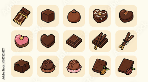 A collection of 15 assorted chocolate candies and bars, presented in a grid format against a light background.