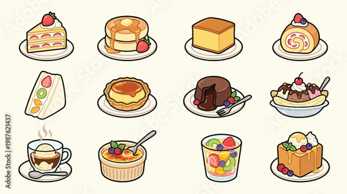 A delightful collection of twelve sweet desserts and treats, including cakes, pastries, and fruit-based confections, beautifully arranged for a visual feast.