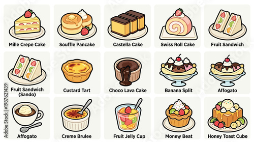 A vibrant collection of 15 delicious and visually appealing desserts and sweet treats, each presented with its name.