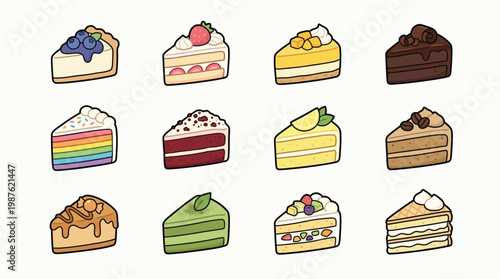 A delightful collection of twelve distinct cake slices, each showcasing unique flavors and artistic decorations, arranged in a grid.