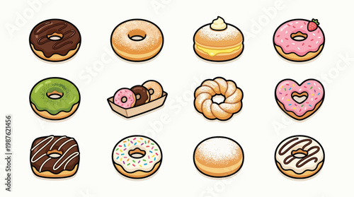 A delightful collection of twelve assorted donuts, showcasing a variety of flavors and shapes, including classic rings, filled pastries, and heart-shaped treats.