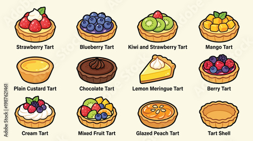 A delightful collection of twelve different types of tarts, showcasing a variety of fruits, creams, and fillings, presented in a grid format.