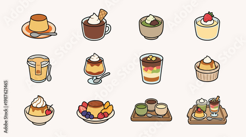 A charming collection of delicious Japanese desserts and drinks, featuring puddings, parfaits, and matcha treats, presented in a delightful illustration.