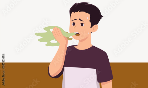 Bad breath halitosis concept vector, embarrassed man checking his breath with hand, oral hygiene and dental health problem illustration, smelly mouth odor medical infographic asset