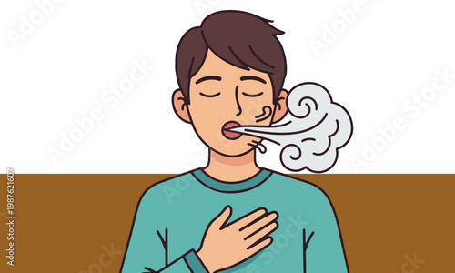 Deep breathing exercise for stress relief, young man practicing mindful breath control and meditation, flat vector illustration of person exhaling air for mental health and relaxation