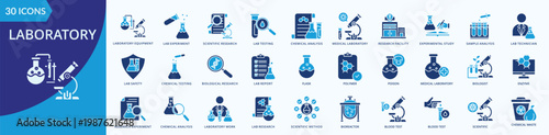 Laboratory Icon Collection set Flat Blue with laboratory equipment, lab experiment, scientific research, lab testing, chemical analysis, medical laboratory, research facility