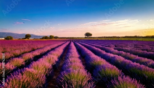 Lavender field at sunset with vibrant colors and distant trees.