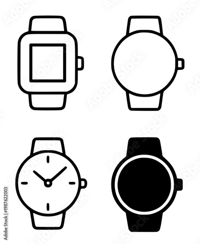 Wrist watch illustration icon set, with outline and silhouette design, isolated on transparent background
