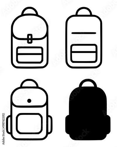 Backpack illustration icon set, with outline and silhouette design, isolated on transparent background