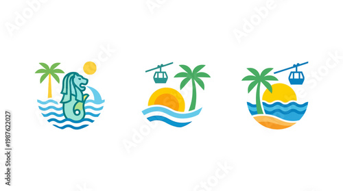 Singapore Travel Icons Merlion Cable Car and Beach Scenes