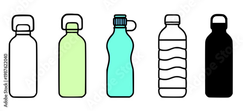 Water bottle illustration icon set, with outline and silhouette design, isolated on transparent background